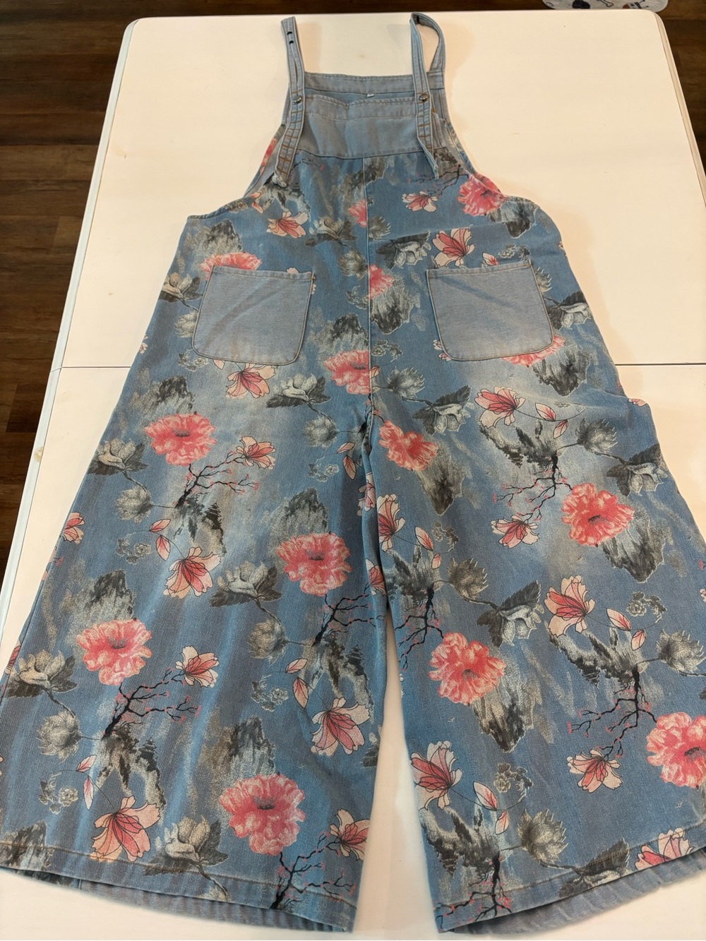Women's Floral Denim Overalls - Blue with Pink Floral Print